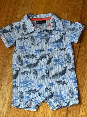Baby Boys Andy & Evan Navy and Light Blue Ocean Print Button-Front Romper